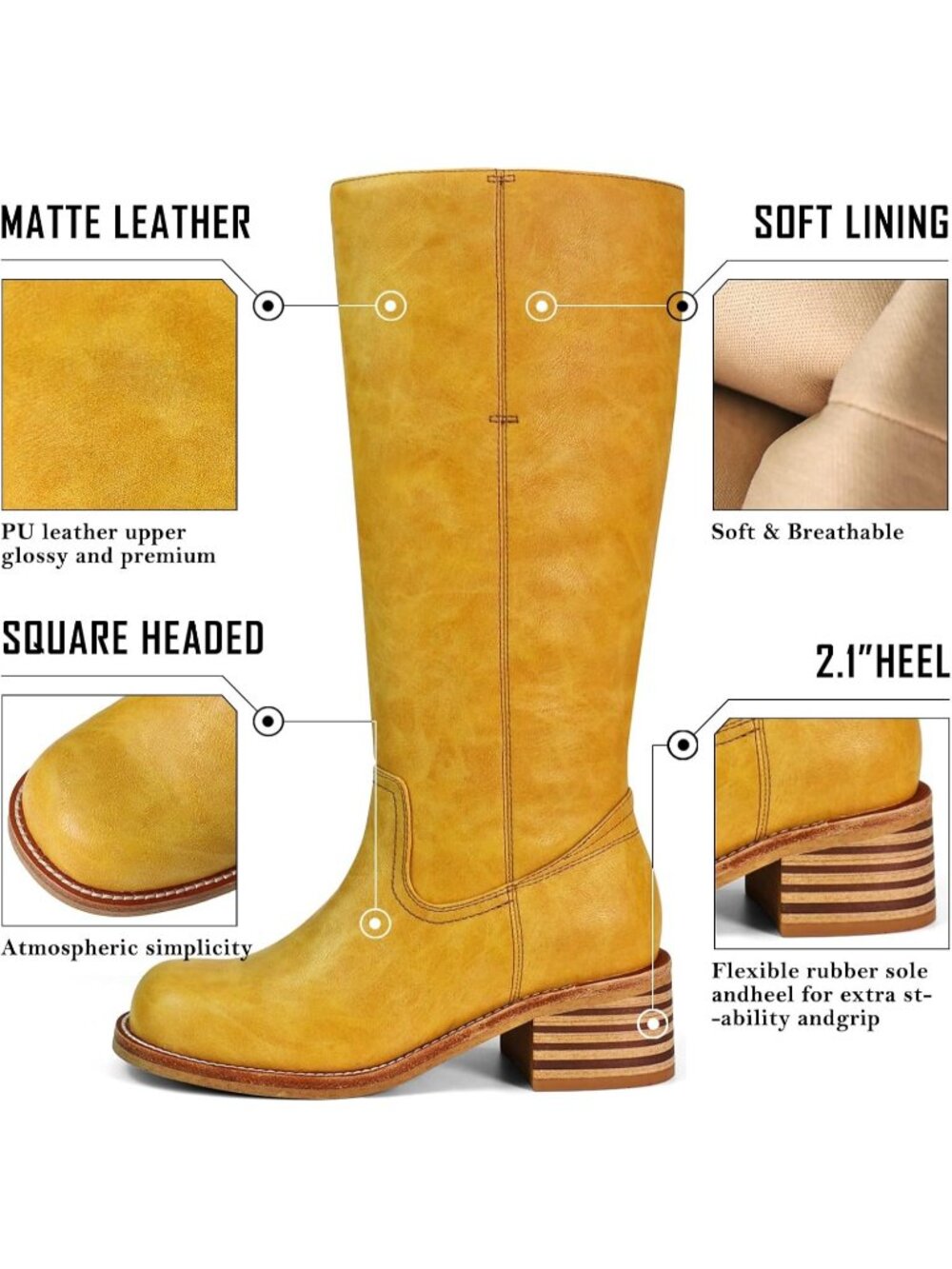 Women's Banana Yellow Low Heel Square Toe Chunky Block Heel Long Knee High Boot - Picture 3 of 5